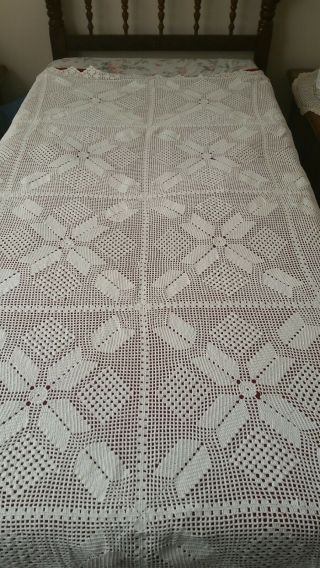 Vintage Hand Crochet BedSpread Coverlet,  tablecloth 86 x70 inches white 5