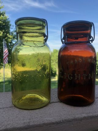 Trademark Lightning Fruit Jar Yellow Olive Amber Quart Hard To Find Antique