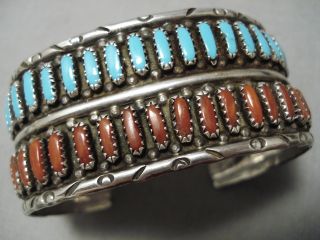 Huge Vintage Navajo Turquoise Coral Sterling Silver Bracelet