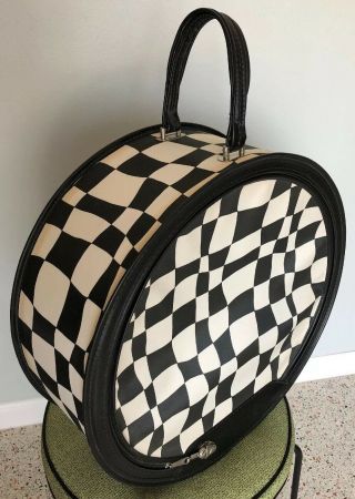 Vintage 60’s Mod Checkered Pop Art Hat Box Suitcase Mcm Train Case Round