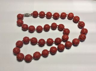 Vintage Chinese 35 Carved Cinnabar 15mm Bead Necklace