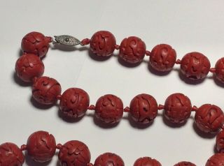 Vintage Chinese 35 Carved Cinnabar 15mm Bead Necklace 2