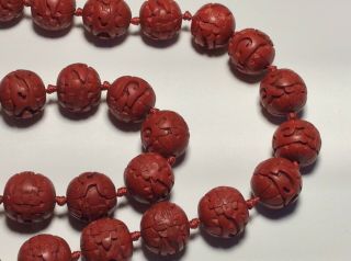 Vintage Chinese 35 Carved Cinnabar 15mm Bead Necklace 3