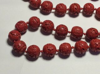 Vintage Chinese 35 Carved Cinnabar 15mm Bead Necklace 4