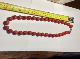 Vintage Chinese 35 Carved Cinnabar 15mm Bead Necklace 5