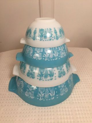Vintage Full - Set Of 4 Pyrex Glass Amish Butterprint Turquoise White Mixing Bowls