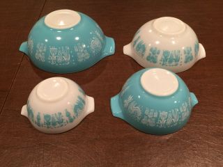 Vintage Full - Set of 4 Pyrex Glass AMISH BUTTERPRINT Turquoise White Mixing Bowls 3