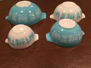 Vintage Full - Set of 4 Pyrex Glass AMISH BUTTERPRINT Turquoise White Mixing Bowls 4
