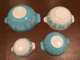 Vintage Full - Set of 4 Pyrex Glass AMISH BUTTERPRINT Turquoise White Mixing Bowls 5