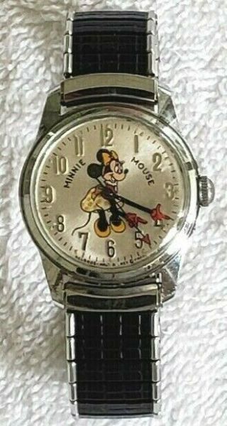Rare Vintage Helbros Minnie Mouse Watch And Speidel Usa Band Mickey