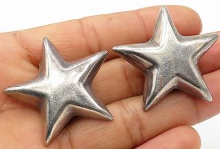 Mexico 925 Silver - Vintage Solid Star Designed Clip - On Earrings - E3455