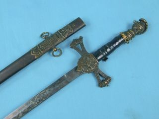 Antique Vintage Old Us Knights Templar Fraternal Engraved Sword W/ Scabbard