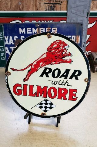 Gilmore Lion Head Motor Oil Porcelain Sign Vintage Brand Lubster Oil Can Rack
