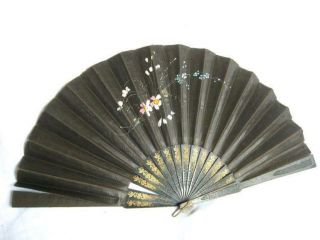 Antique Pre 1900s Collectible Japanese Ladies Fabric Hand Painted Fan Floral 67