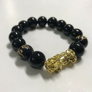 Feng Shui Chinese Black Onyx Stone And Gold Pixiu Pi Yao Beaded Bracelet