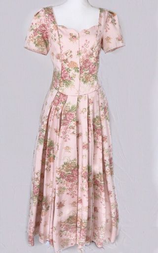 Vtg Laura Ashley Rose Bouquet Floral Romantic Pink Tea Dress Size 10 Us Feminine