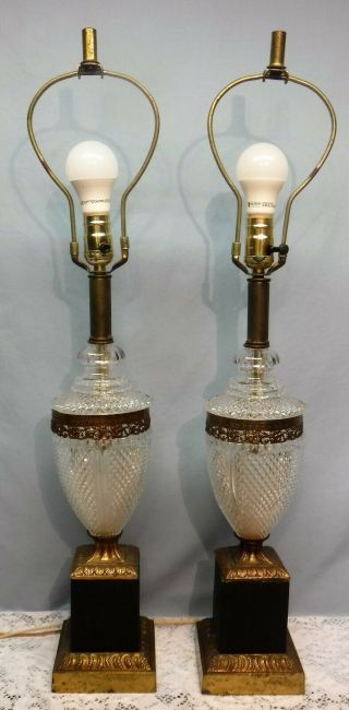 Pair Vtg Mid Century Cut Glass Urn Trophy Shaped Table Lamps Black Base