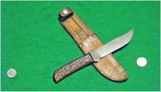 Vtg Sheath Blade Hunt USA MARBLES Bone OUTERS 30s Knife 1 ORIG Leather Fold case 2