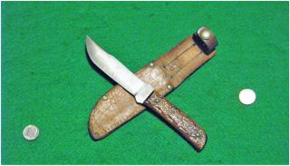 Vtg Sheath Blade Hunt USA MARBLES Bone OUTERS 30s Knife 1 ORIG Leather Fold case 6