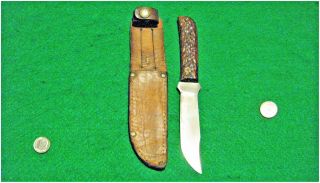 Vtg Sheath Blade Hunt USA MARBLES Bone OUTERS 30s Knife 1 ORIG Leather Fold case 8