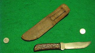 Vtg Sheath Blade Hunt USA MARBLES Bone OUTERS 30s Knife 1 ORIG Leather Fold case 9