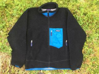 Men Patagonia Retro X Deep Pile Fleece Zip Jacket Mens Medium Black Blue