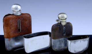ESTATE COLL5 ANTIQUE SILVER PLATE LEATHER PEWTER HORSE RACING WHISKEY HIP FLASKS 4