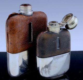 ESTATE COLL5 ANTIQUE SILVER PLATE LEATHER PEWTER HORSE RACING WHISKEY HIP FLASKS 5