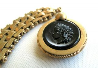 Vtg Antique Watch Fob Glass Native American Indian Chief Black Onyx Glass