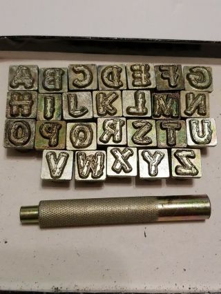 Set Of 26 Vintage Craftool 1/2 " Wood Alphabet Leather Stamp Tools W/handle