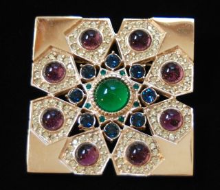 Reserved For Patricia - Vtg Elio Berhanyer Square Goldton Brooch - Poured Glass Cabs