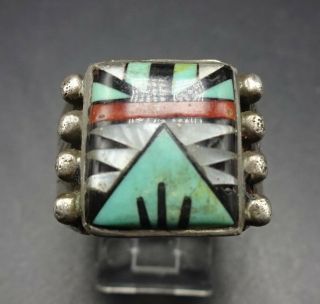 Vintage Zuni Sterling Silver & Multi - Stone Inlay Ring Sz 10,  Turquoise Coral Jet