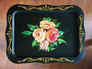 4 Vintage Black Floral Tv Trays - Coral/yellow/orange Roses