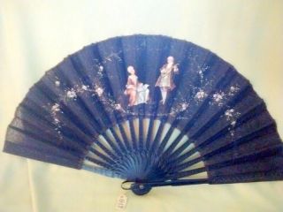 Vintage Hand Painted Black Sheer Folding Fan With 18thc.  Figures - Signed