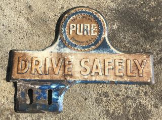 Vtg 1950s Pure Oil Co Drive Safely License Plate Topper Sign Rat Rod Gas & Oil