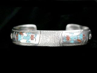 Vintage Navajo Tommy Singer Sterlingturquoise Coral Kachina Inlay Cuff Bracelet