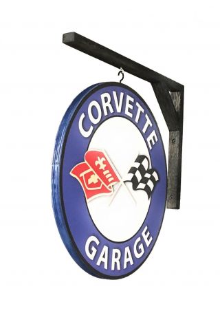 Corvette Sign - Vintage Design 14 In.  Dia.  Corvette Garage With Wall Bracket