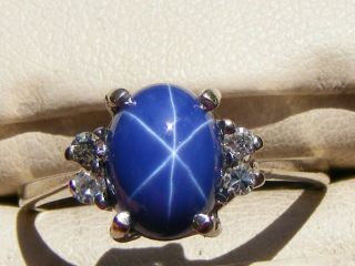 Vintage 10k White Gold Blue Star Sapphire Diamond Accented Ring Sz 7