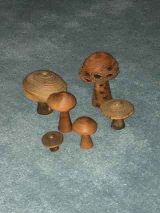 Vintage Exotic Wood Hand Carved Mushrooms Art Statue Fairy Gnome Set Of 6 Signed