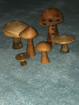 Vintage Exotic Wood Hand Carved MUSHROOMS Art Statue Fairy Gnome Set Of 6 Signed 2