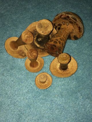 Vintage Exotic Wood Hand Carved MUSHROOMS Art Statue Fairy Gnome Set Of 6 Signed 7