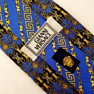 Gianni Versace Vintage Blue Yellow Medusa Head Silk Designer Tie Made In Italy