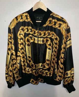 90s Vintage Rare Chanel Logo Chains Gold Bomber Jacket M - Xl