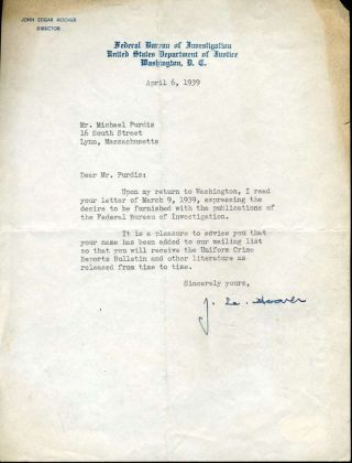 J Edgar Hoover Jsa Hand Signed Vintage 1939 Letter Autograph Authentic