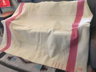 Vtg Hudson ' s Bay 4 Point Pink Striped Wool Blanket “69 X 84 4