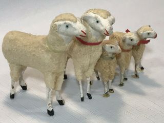 5 Vintage Composition,  Wood And Cloth Putz Miniature Sheep