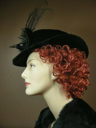 Vintage Edwardian Victorian Black Velvet Fedora Hat Unique Bird Of Paradise H20