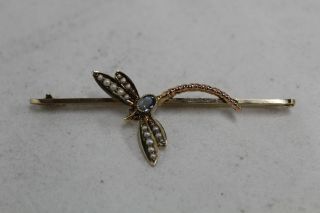 Vintage Dragonfly Pearl Aquamarine 9ct Gold Brooch Victorian Edwardian Jewellery