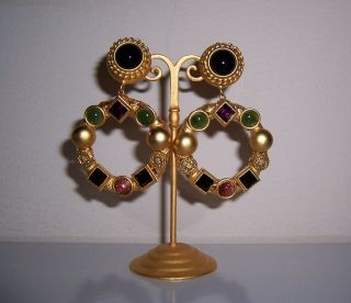 Vintage Natasha Stambouli,  Hoop Dangle Earrings,  Gold Plated,  Multi Stone