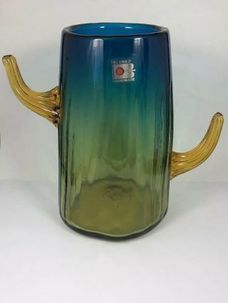 Vintage Funky Blenko Cactus Vase 7 1/2” Tall Yellow Blue Amber Blown Glass 8f